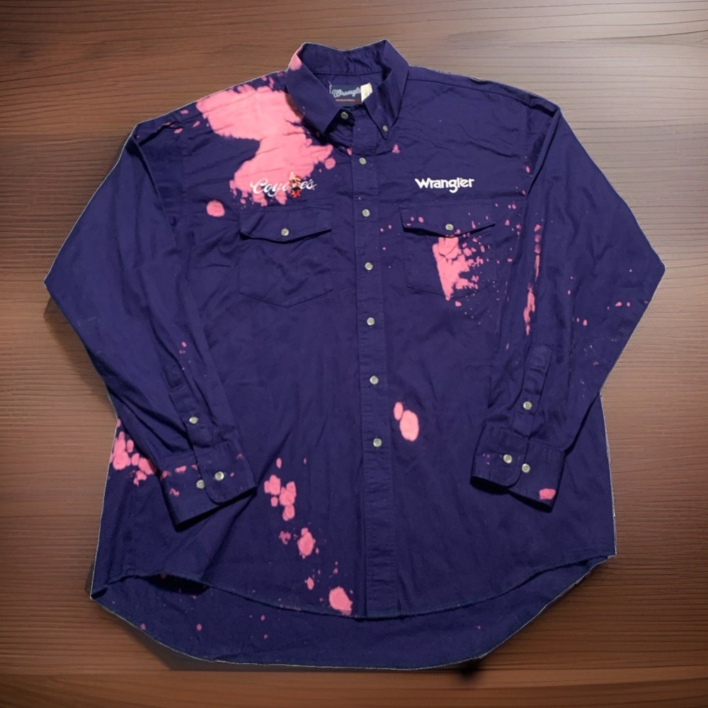 Vintage 1990s Wrangler Logo Shirt XL Custom Bleach Dyed Coyotes Colonel Reb